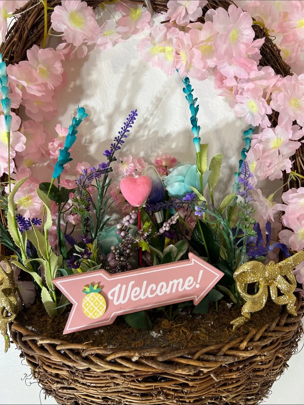 Pink Blossom Welcome Hanging Basket - Faux Floral Spring Accent